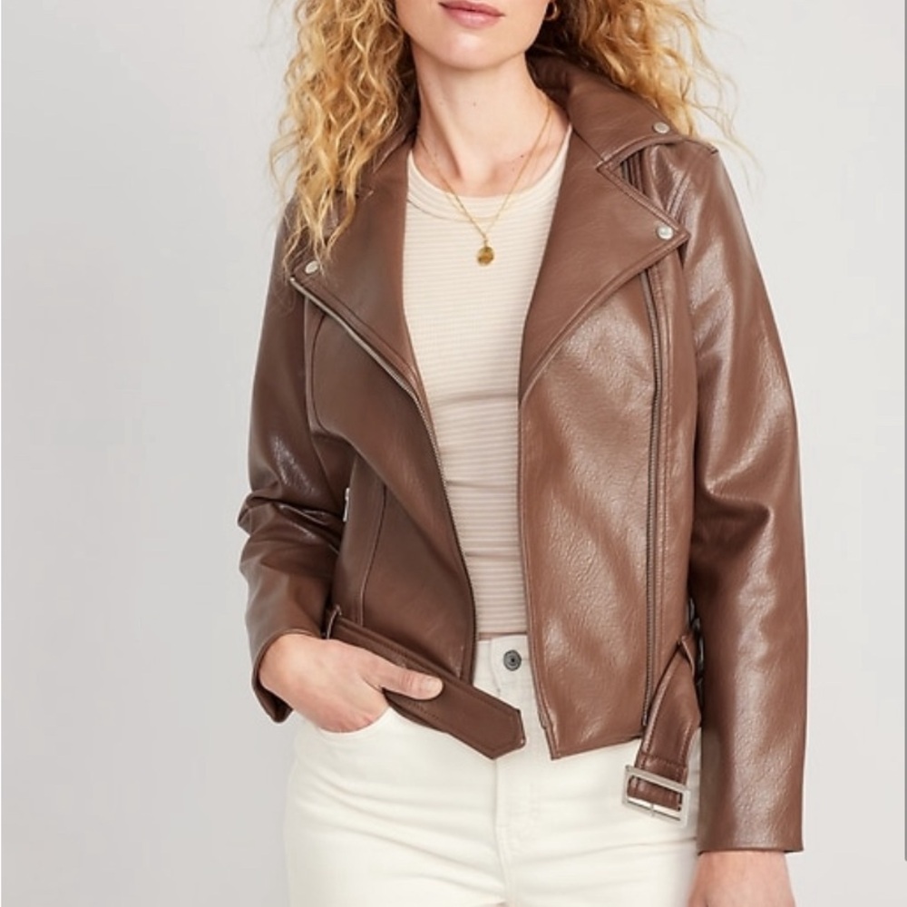 New! Old navy faux leather belted biker moto jacket espresso brown size medium
